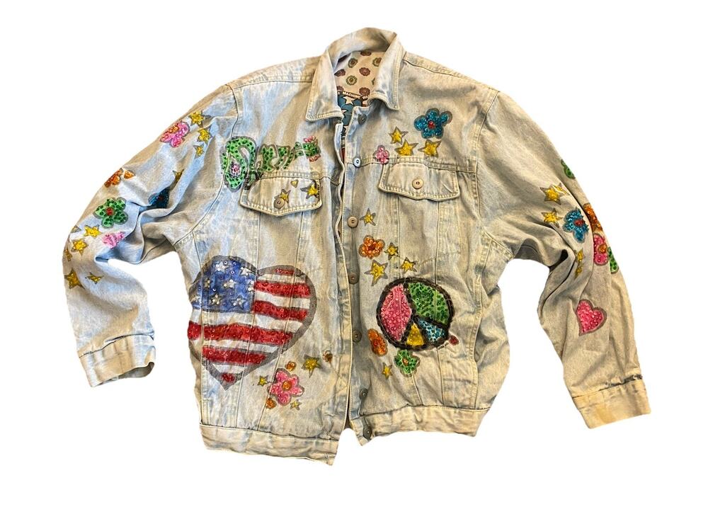 VTG Sixties Revolution Jean Jacket Blue Denim Sequins Groovy Hippie Oversized S
